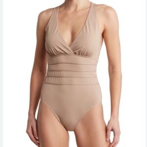Catherine Malandrino Taupe One Piece Swimsuit with Criss-Cross Back Size Medium